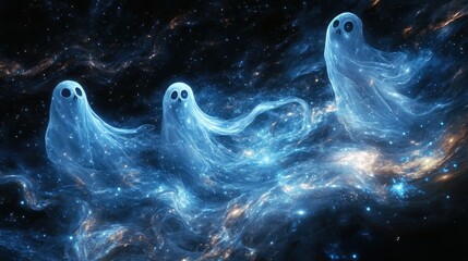 Transparent ghost figures floating through swirling galaxies on black background, cosmic Halloween theme