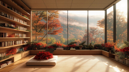 Christmas bookshelf background of interior home library study virtual room window of mountains hills. Fall winter fog. poinsettia holiday flowers. Online webinar presentation teams meeting backdrop
