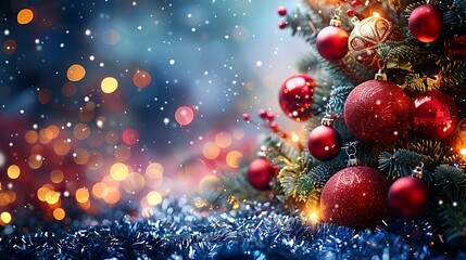 A luxurious Christmas tree decorated with deep red and gold baubles, glowing softly in a room filled with blurred warm-toned lights. The atmosphere is rich and elegant,