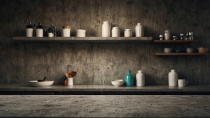 Modern Interior with Concrete Counter and Shelves.