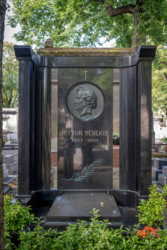 Paris, France - 08 16 2024: Montmartre cemetery. View of Hector Berlioz grave in the cemetery.
