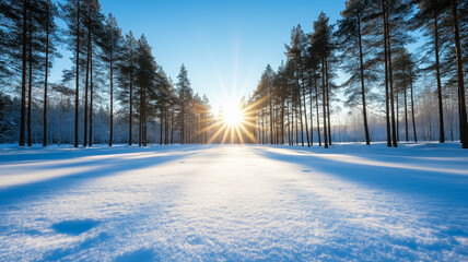 Fairy winter forest in a sunny day 