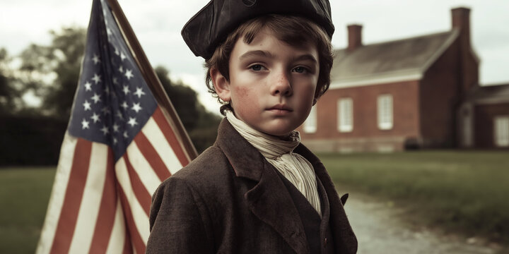Connection to history with a boy dressed as a Founding Father in front of  American flag
