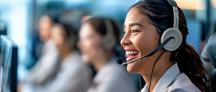 Cheerful customer service representative engages with clients, showcasing professionalism in a call center environment.