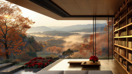 Christmas bookshelf background of interior home library study virtual room window of mountains hills. Fall winter fog. poinsettia holiday flowers. Online webinar presentation teams meeting backdrop