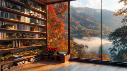 Christmas bookshelf background of interior home library study virtual room window of mountains hills. Fall winter fog. poinsettia holiday flowers. Online webinar presentation teams meeting backdrop
