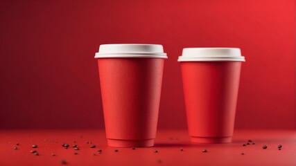 Blank red takeaway kraft coffee cup on red background.