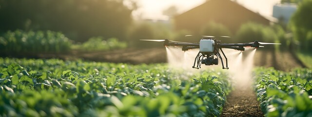 Dramatic photo of an organic farm with drones spraying non-toxic pesticides