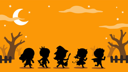 Silhouette of Children dressed in Halloween costumes to go Trick or Treating. Halloween costume kids in spooky holiday. Template for advertising brochure.