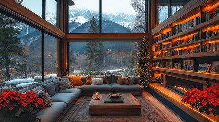 Christmas bookshelf background of interior home library study virtual room of mountains hills. Fall winter snow. Festive poinsettia holiday flowers. Online webinar presentation teams meeting backdrop