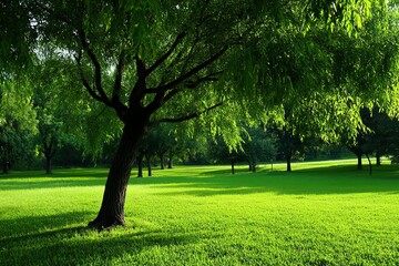 Fototapeta premium A sad willow tree in a tranquil grove, with the branches creating a natural, shaded space perfect for quiet reflection