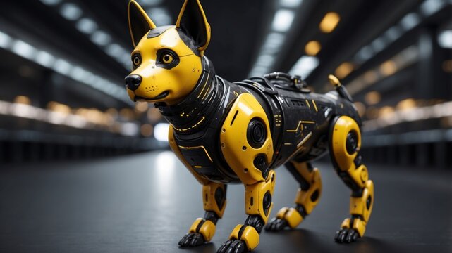 Black and yellow robot dog on black background.