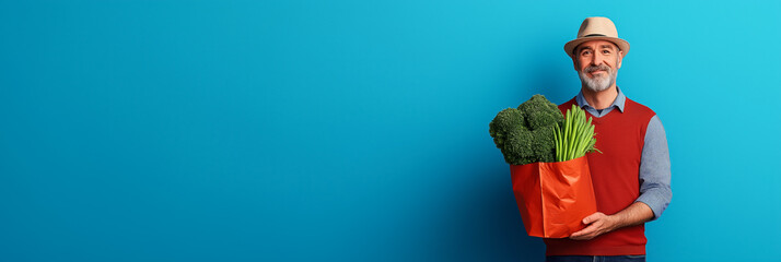 Grocery delivery service with a man carrying bags of fresh produce to a customer's door, solid background with empty space for text 