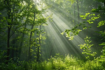 Bright sunlight filtering through dense forest trees