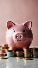 A whimsical pink piggy bank surrounded by a playful arrangement of coins