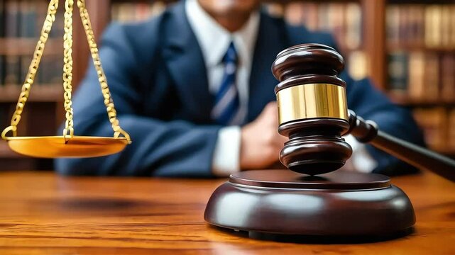 A judge's gavel and scales of justice on a wooden table.