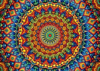 Geometric Kaleidoscope Coloring Tapestry: Intricate geometric patterns with bold, complementary colors and hypnotic effects.
