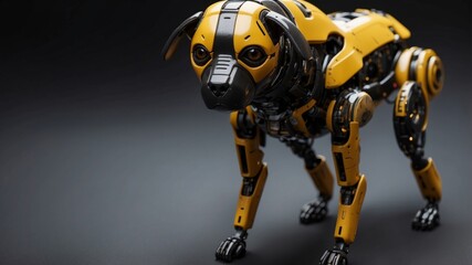 Black and yellow robot dog on black background.