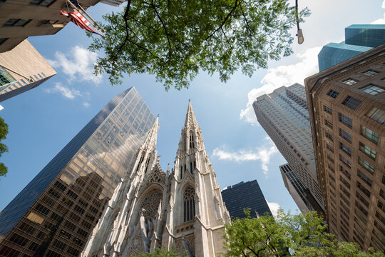 Urban scene with monumental cathedral in Manhattan