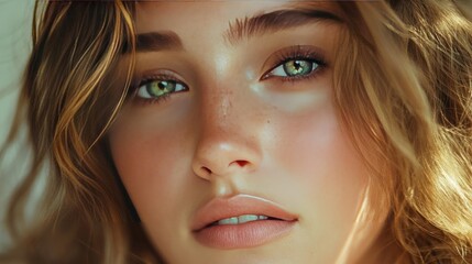 Naklejka premium A close-up of a woman with flawless skin, highlighting her natural beauty and glowing complexion, framed by soft, loose waves of hair.