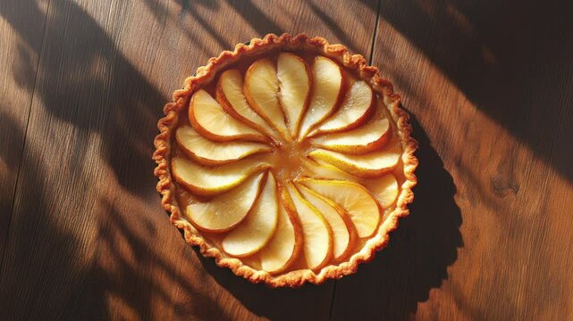 Delicious Apple Tart on Wooden Table with Shadows