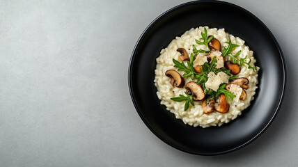 Modern dish of risotto with wild mushrooms, Parmesan, and fresh herbs, presented on a sleek black plate with ample space for text on a soft grey background 
