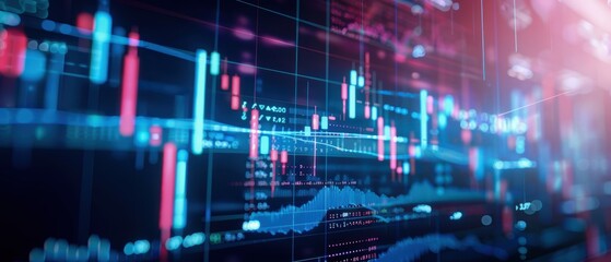 Fototapeta premium Close-up of a digital stock market chart displaying financial data trends with vibrant colors and dynamic visuals.
