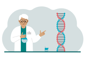 Old male doctor with flasks near the dna chain. The concept of a new coronavirus, virus, pcr or disease treatment. Vector flat illustration