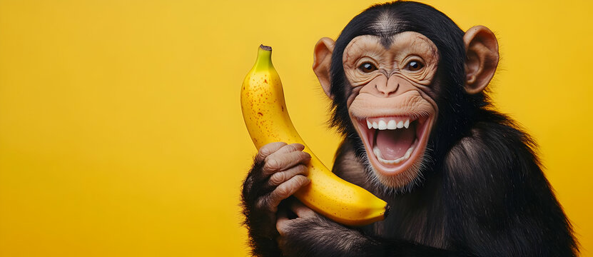 A cheerful monkey joyfully holding a banana against a bright yellow background, capturing a moment of playfulness and delight.