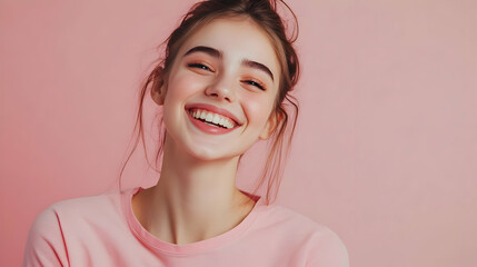 A cheerful young woman with a bright smile, posing against a soft pink background, radiating joy and confidence.