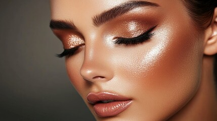 Fototapeta premium A close-up of face with full glam makeup, including shimmering highlighter, bold brows, and a perfectly blended eyeshadow palette.