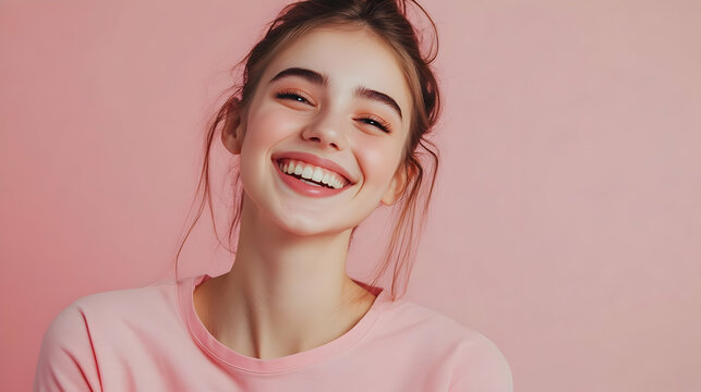 A cheerful young woman with a bright smile, posing against a soft pink background, radiating joy and confidence.