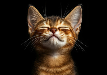 Fototapeta premium A close-up of a happy kitten with closed eyes, showcasing its adorable expression and detailed fur against a dark background.
