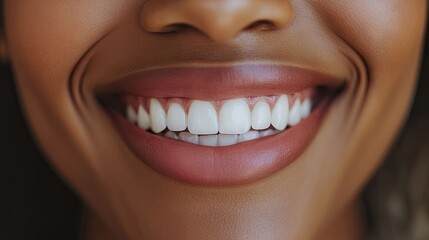 Obraz premium A close-up of a woman's smile, with white, straight teeth and full lips, exuding confidence and warmth in a candid moment.