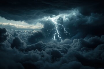 In an otherworldly scene, a brilliant lightning bolt pierces through the dark, billowing clouds, casting light across the stormy sky and conveying raw energy and mesmerization.