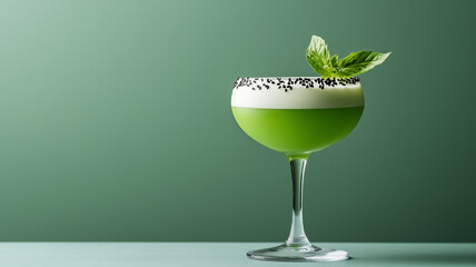 Rare cocktail with black sesame and matcha, creamy texture with layers of green and grey, served in a minimalist glass against a gradient background from soft green to charcoal grey 