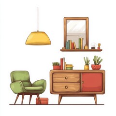 Obraz premium MidCentury Modern Living Room Sketch A yellow pendant lamp hangs above a green armchair a wooden dresser with books and a potted succulent