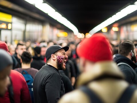 A crowded train platform with a fight breaking out between agitated commuters, the conflict fueled by delays and cramped conditions as others look on
