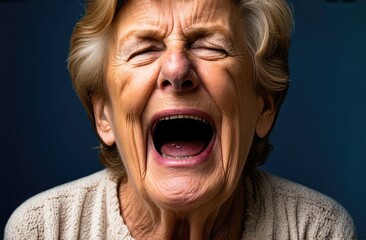 upset Caucasian senior woman screaming, crying in pain. shock and emotional breakdown, depression.