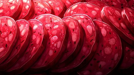 Fototapeta premium A digital illustration depicting numerous overlapping slices of red sausage with white specks
