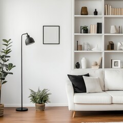 Minimalist Living Room with Black Lamp White Sofa and Bookshelf Low Angle Perspective
