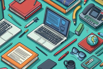 Illustration of educational learning tools set on table created with Generative AI