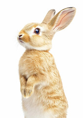 Obraz premium A cute brown rabbit standing upright, showcasing its soft fur and alert expression against a clean white background.