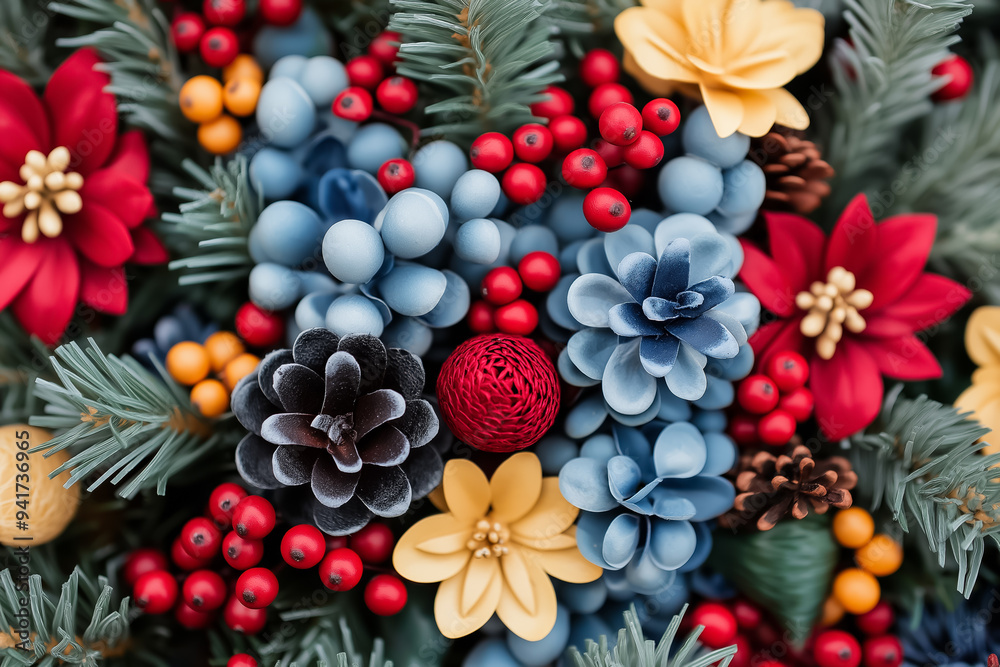 Sticker Seasonal Christmas and New Year plant and floral arrangements in the color palette of deep blue, vibrant red, pale yellow, and seafoam green 