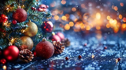 A rustic Christmas tree with wooden ornaments and pinecones, softly illuminated by warm-toned lights in a cozy cabin setting. The background features natural wood textures, earthy decor,