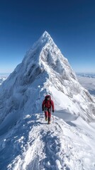 A mountaineer in red gear ascends a snowy ridge, roped for safety, heading toward a towering, ice-covered mountain peak under a clear blue sky.