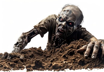 Scary zombie crawling out of the ground. White background. Undead, creepy monster. Halloween and horror concept.