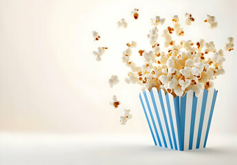 A fun and vibrant image of popcorn overflowing from a blue-striped container, perfect for food or snack-related themes.