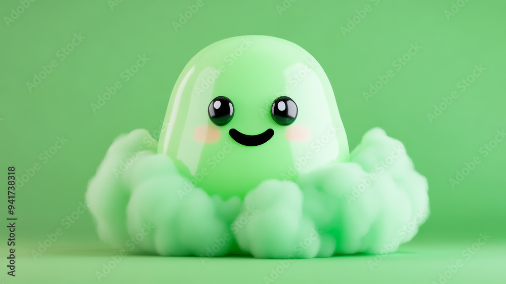 Wall mural Smiling gas creature with a puffball shape pastel colors swirled together cheerful expression with stinky green clouds around it emitting a cute but smelly charm 