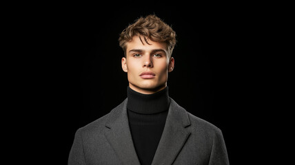 Obraz premium Slim model in layered monochromatic outfit sharp jawline and intense gaze balancing soft and structured elements fashion-forward look on a gradient gray backdrop 